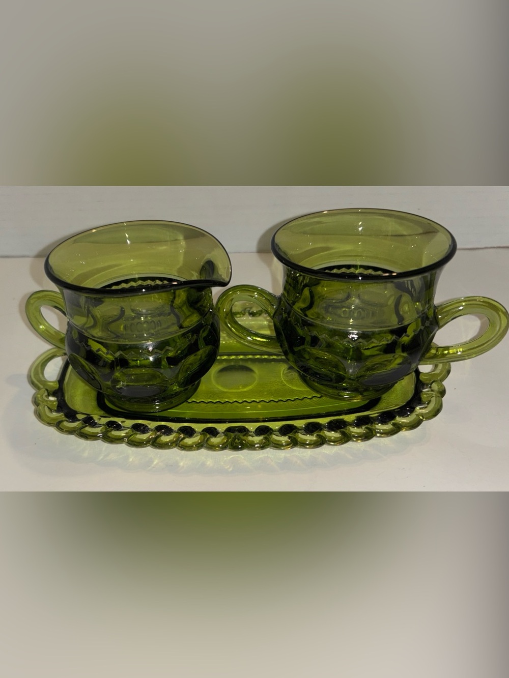 Vintage Olive Green Glass Creamer and Sugar Set